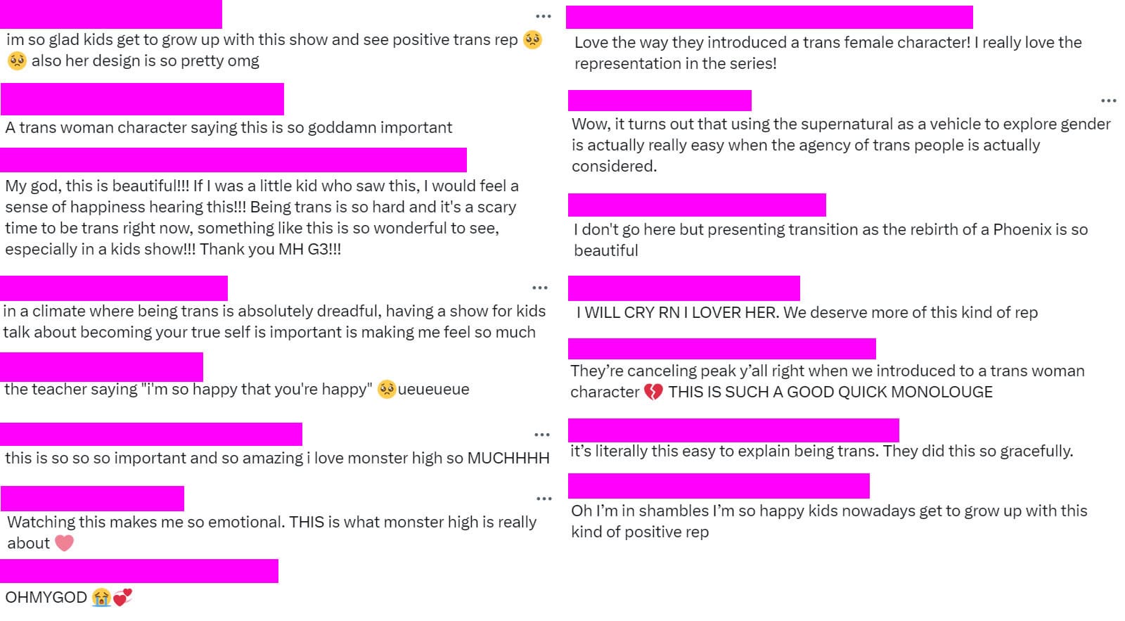 multiple social media comments from folks incredibly excited and moved by there being a trans woman in the episode, and the way her transness was discussed in the context of a show about monsters