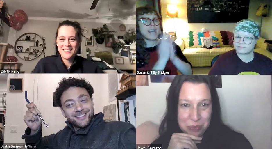 a recreation of a standard four-person zoom meeting, with Susan and me, Griffin Kelly, Jewel Cavazos, and Justin Barnes