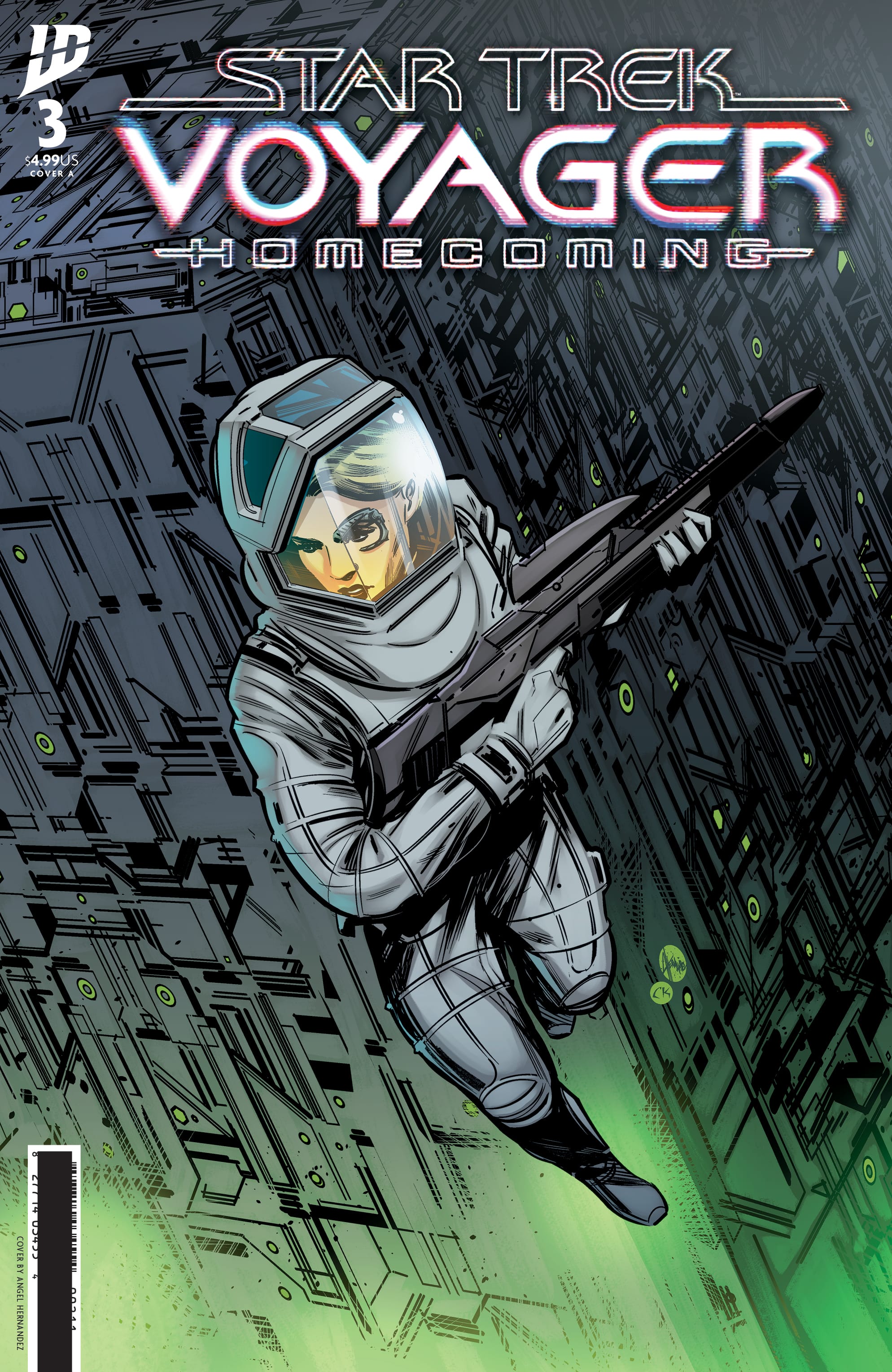 Star Trek Voyager: Homecoming issue 3 cover A by Angel Hernandez, of Seven in an EVA suit holding a phaser rifle, floating in front of a Borg cube.
