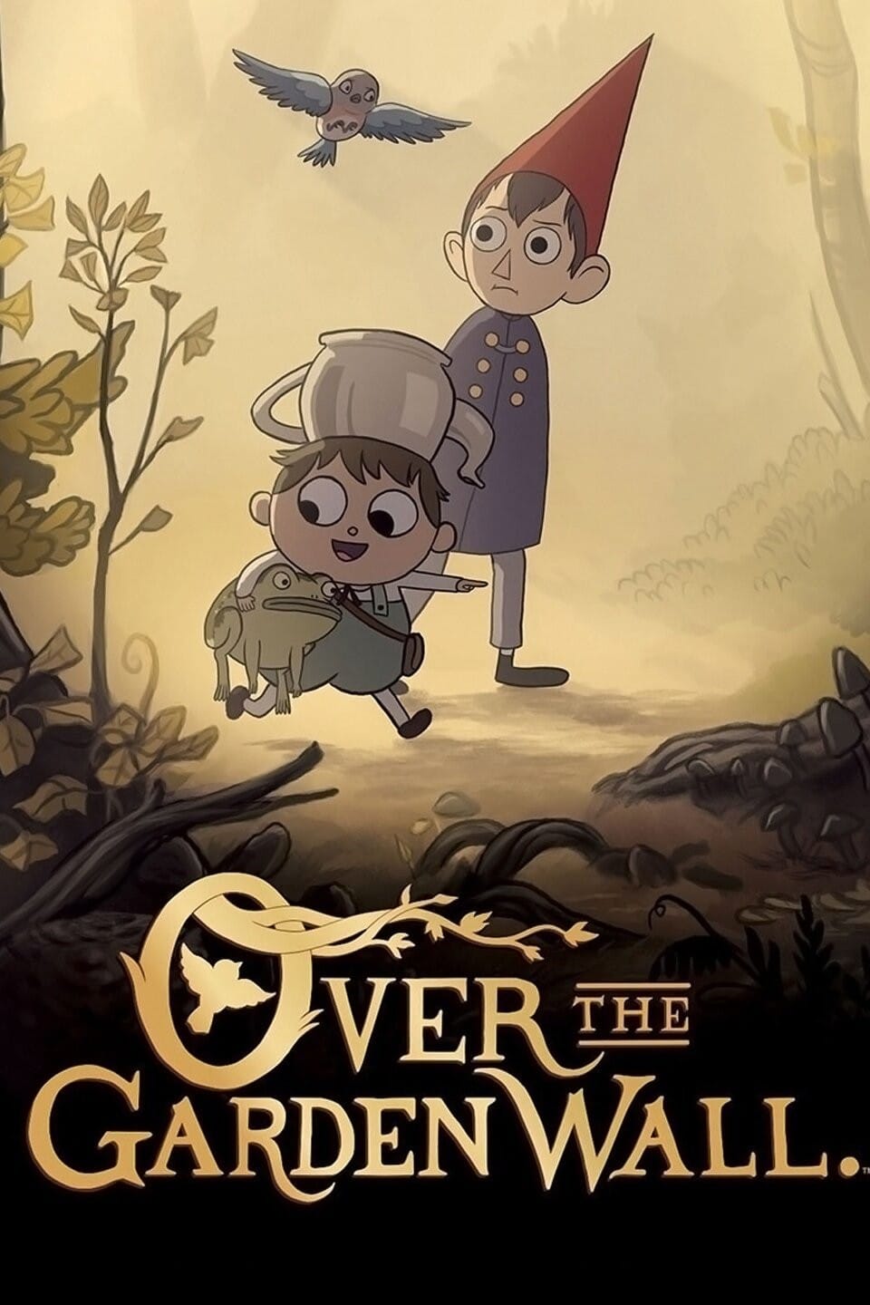 Key art for Over the Garden Wall showing Wirt, Greg (carrying his frog of many names), and Beatrice (flying overhead) walking through a forest