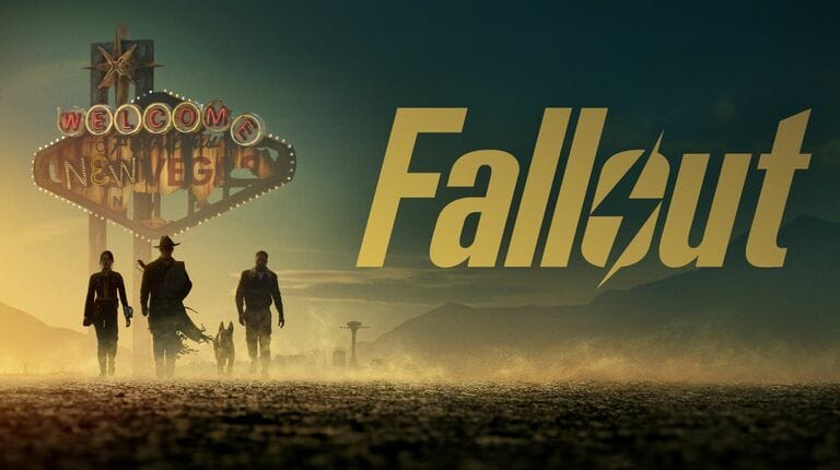 silhouettes of people walking in front of a sign that says “welcome to new vegas” next to the Fallout logo