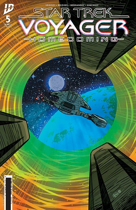 Voyager Homecoming issue 5 cover A, showing a badly damaged voyager leaving fluidic space and heading toward earth, as seen from a Species 8472 ship
