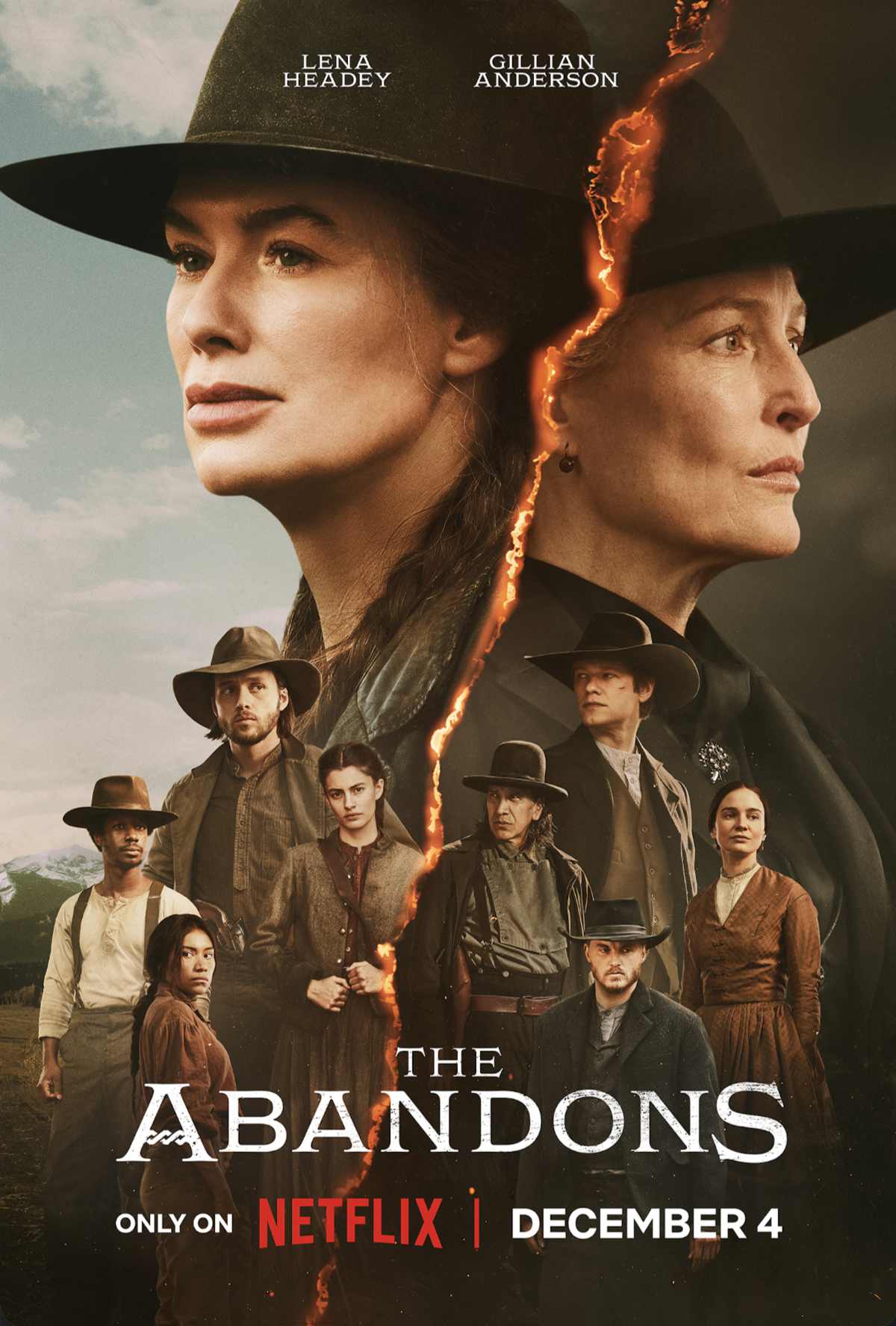 The Abandons on Netflix, key art with Lena Headey and Gillian Anderson, over the respective casts of their families