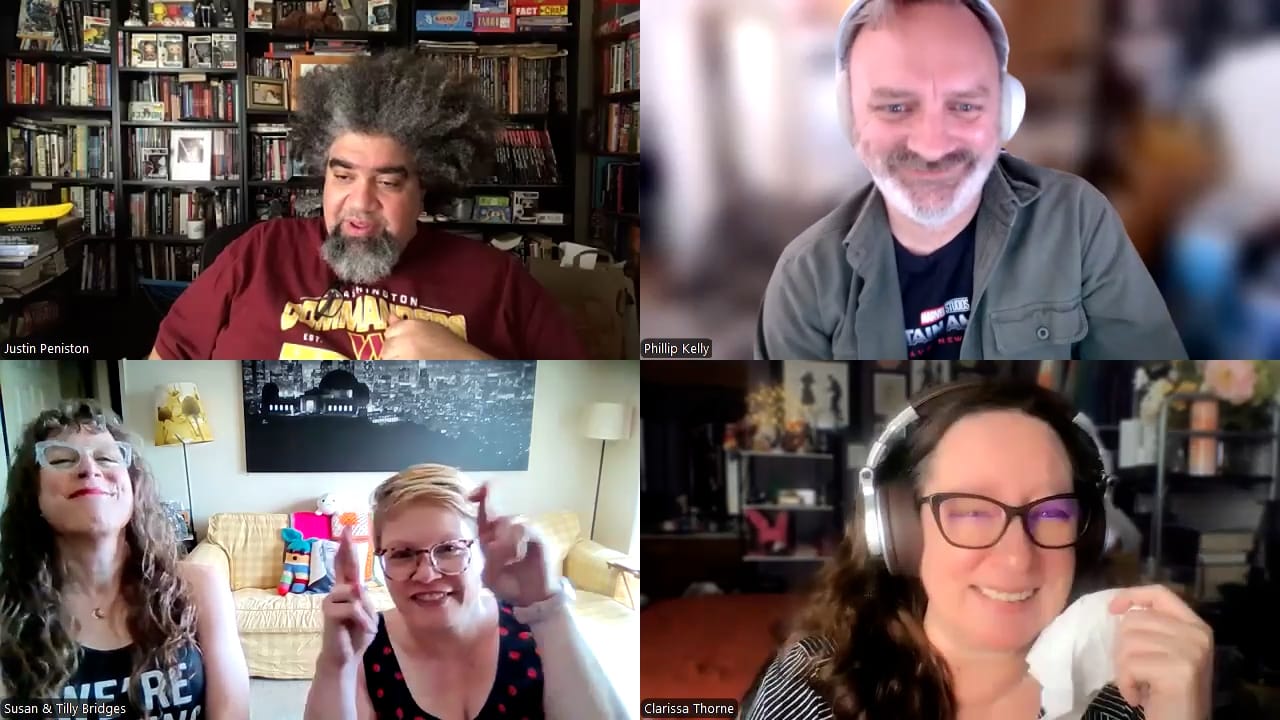 Susan crossing her fingers as tilly tilts her head back and laughs. In the other three boxes, as seen on a zoom gallery view, are the show’s laughing hosts.