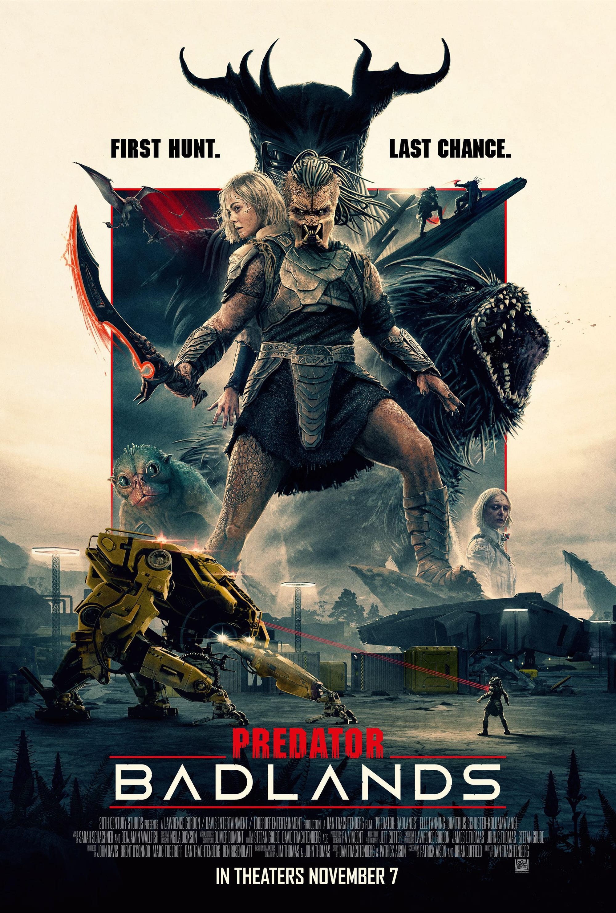 Predator badlands poster showing the cast over a large mech, with the tagline First Hunt. Last Chance.
