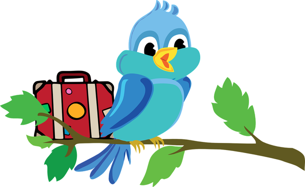 Art of a blue bird sitting on a branch, by grafikacesky, next to art of a red suitcase, by ArtRose, both from pixabay.com 